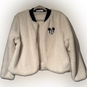 Disney Size Large/XL White Fuzzy Bomber Jacket with Mickey Mouse Character Patch